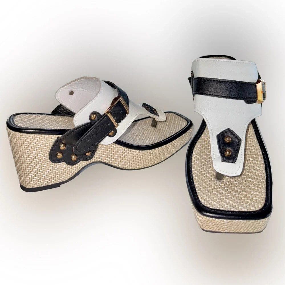 NWT Platform Thong Sandals White Black Adjustable (40) - Picture 3 of 17